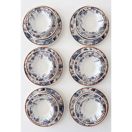 Komplet obiadowy 24 części — ceramiczny, w kolorach: biały / niebieski / brązowy