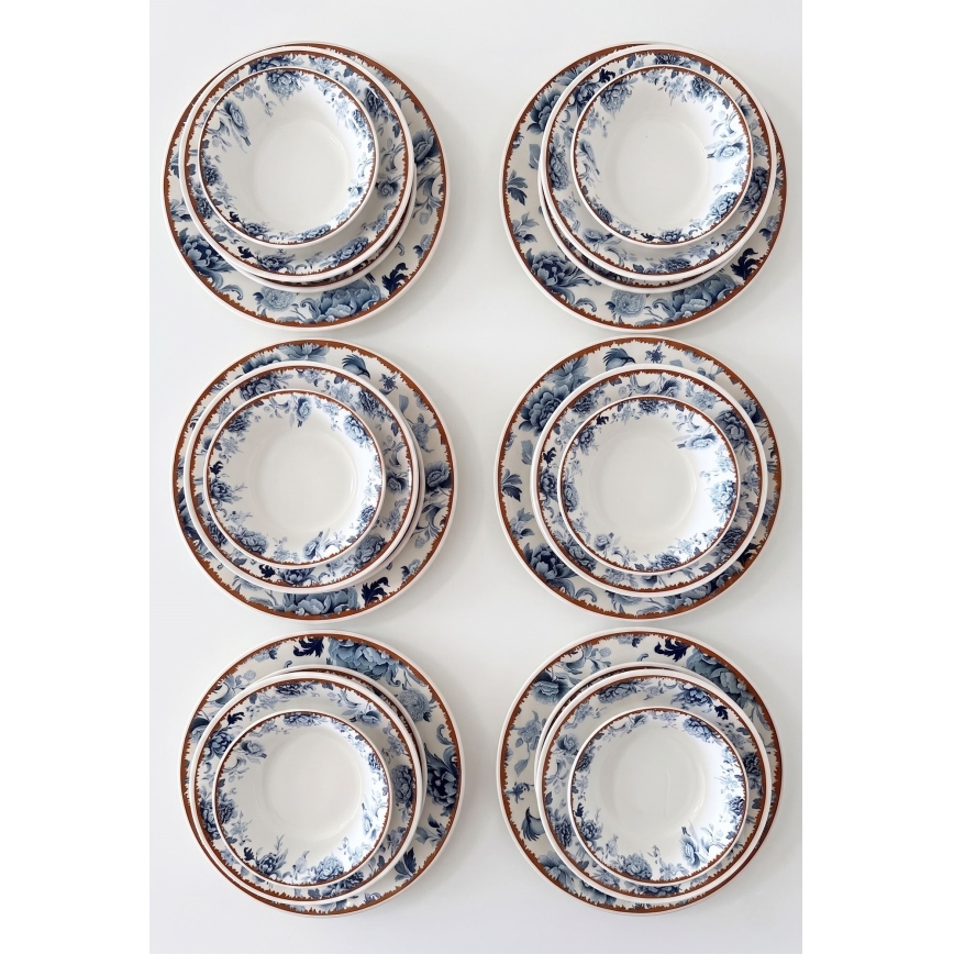 Komplet obiadowy 24 części — ceramiczny, w kolorach: biały / niebieski / brązowy