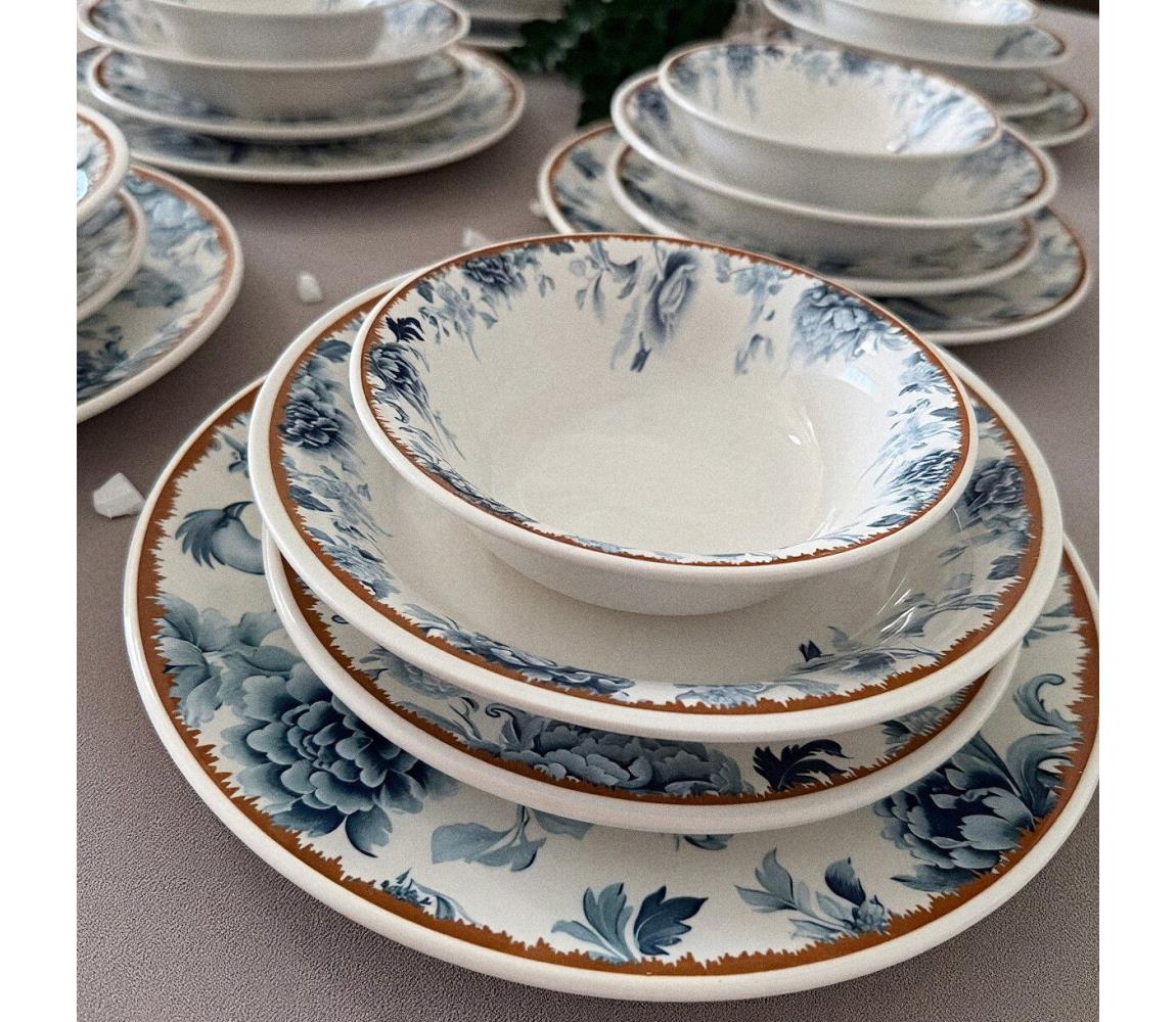 Komplet obiadowy 24 części — ceramiczny, w kolorach: biały / niebieski / brązowy