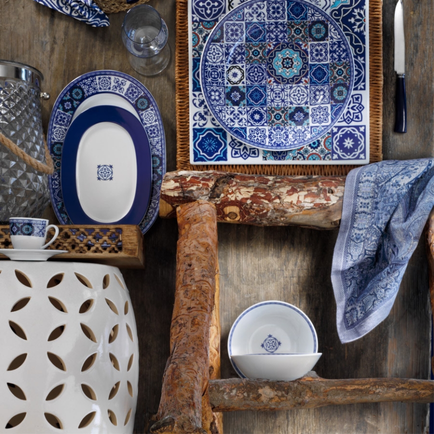 Komplet obiadowy 24-częściowy, niebieski/porcelana