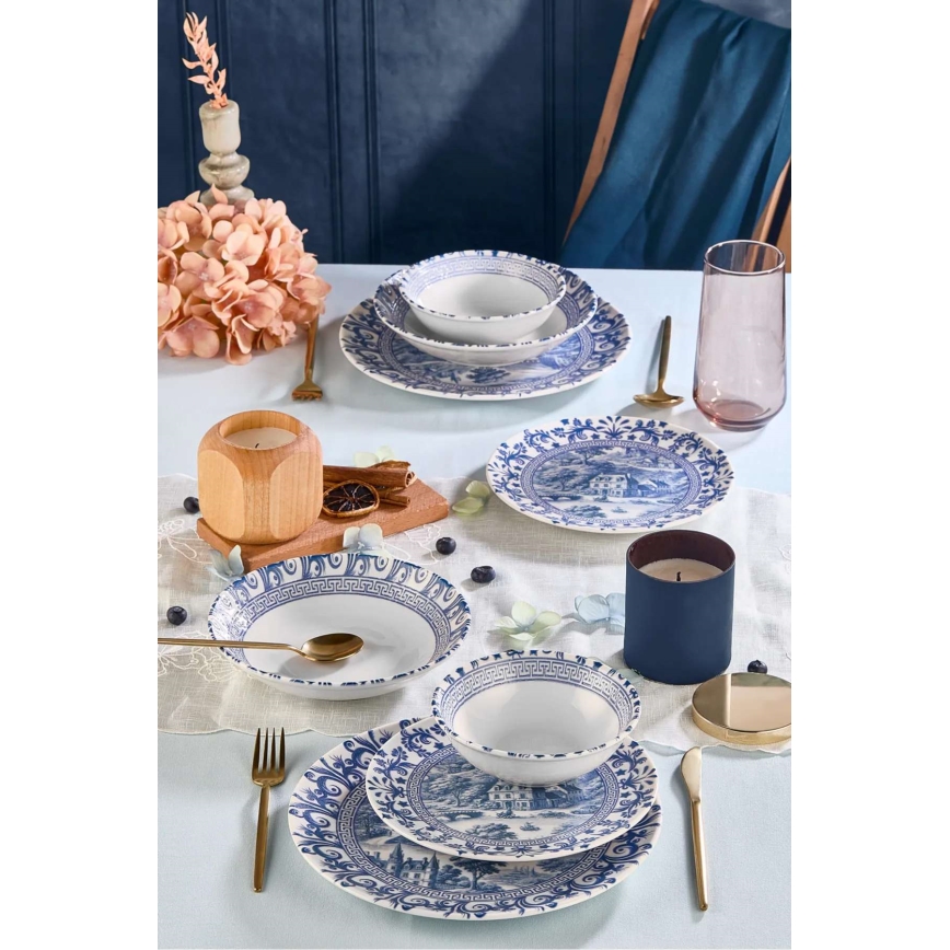 Komplet obiadowy 24 szt. biały/niebieski, porcelana