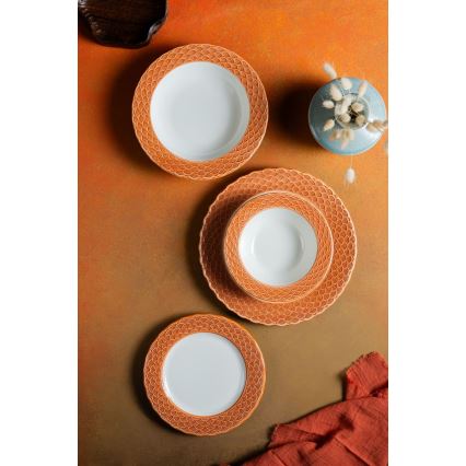 Komplet obiadowy 24 szt., biały/pomarańczowy, porcelana