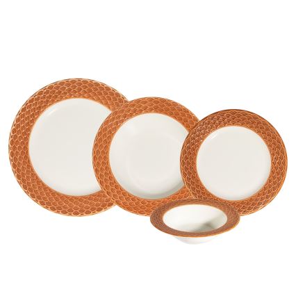 Komplet obiadowy 24 szt., biały/pomarańczowy, porcelana