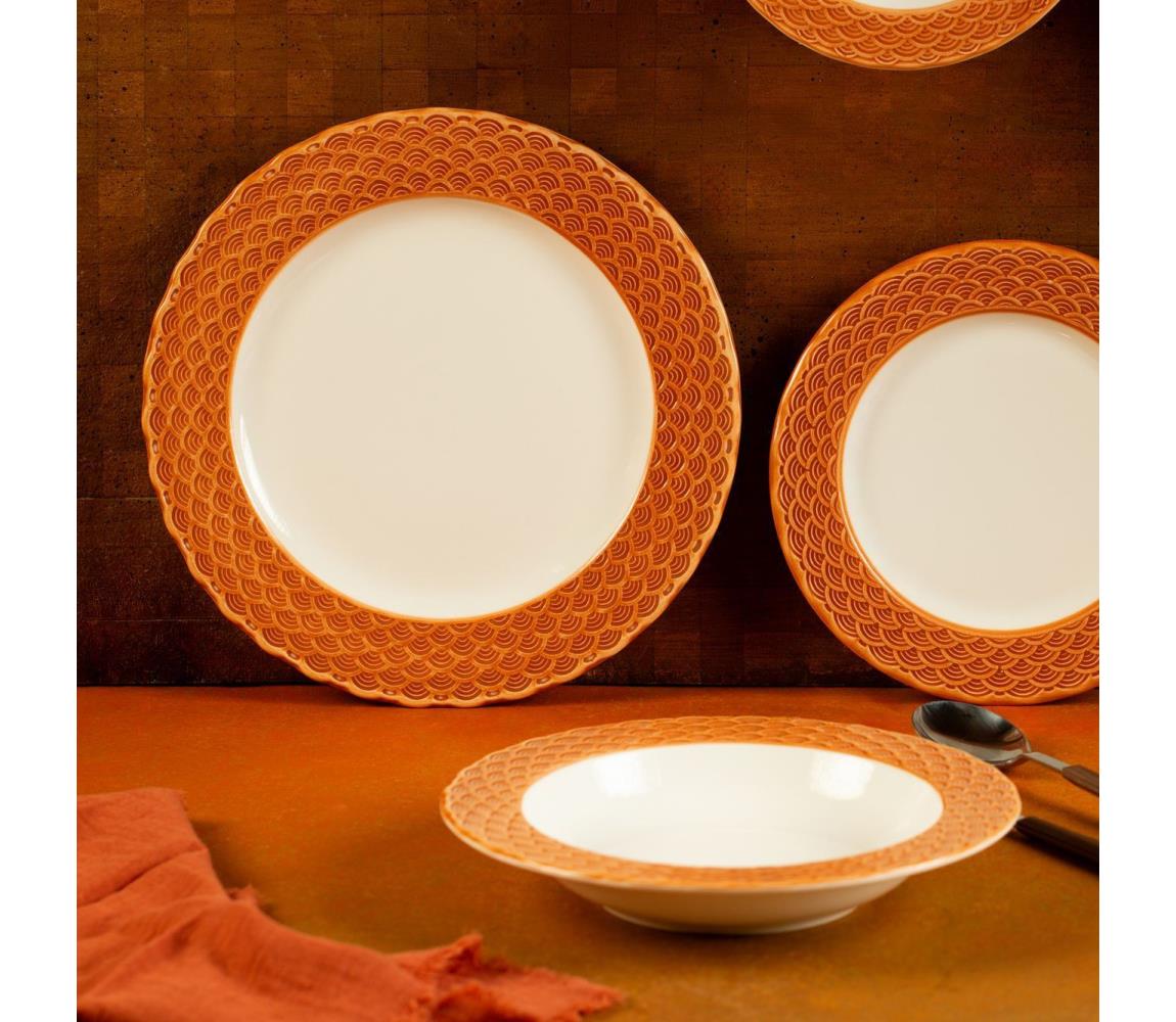 Komplet obiadowy 24 szt., biały/pomarańczowy, porcelana