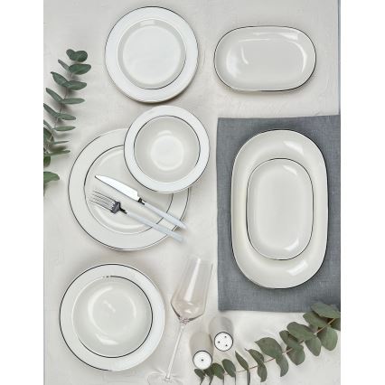 Komplet obiadowy 53-częściowy, kremowy/srebrny/porcelana