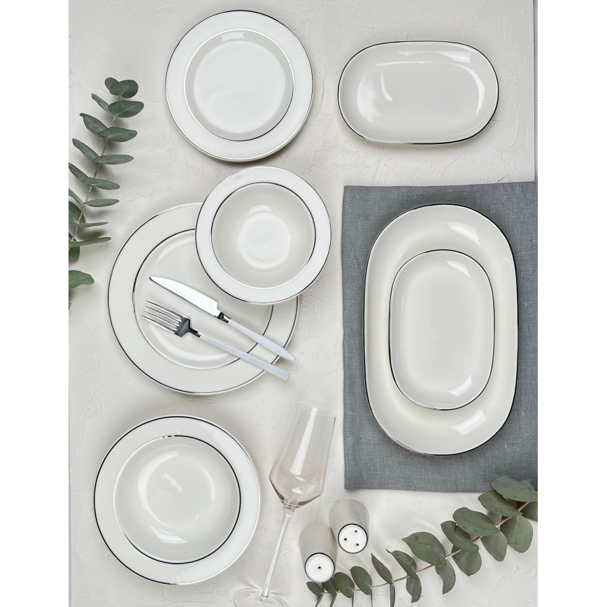 Komplet obiadowy 53-częściowy, kremowy/srebrny/porcelana