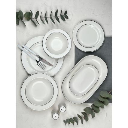 Komplet obiadowy 53-częściowy, kremowy/srebrny/porcelana