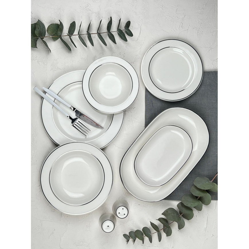 Komplet obiadowy 53-częściowy, kremowy/srebrny/porcelana