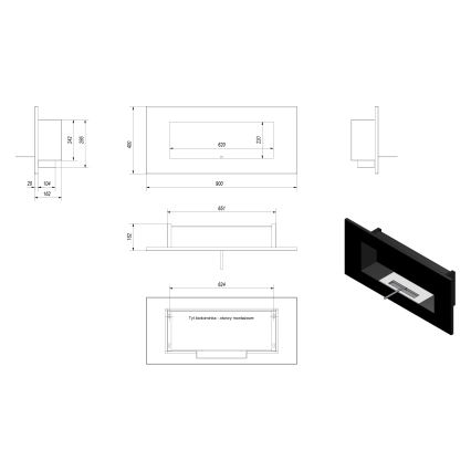 Kratki - Wbudowany BIO kominek 40x90 cm 2kW czarny