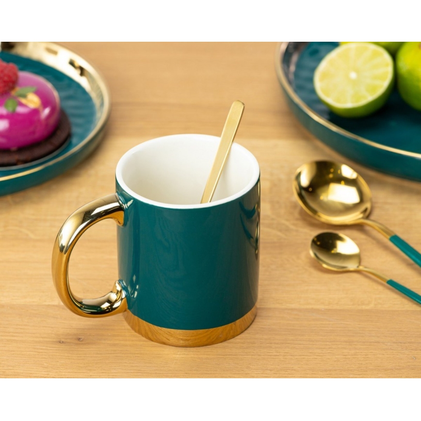 Kubek z łyżeczką LANA zielony/złoty