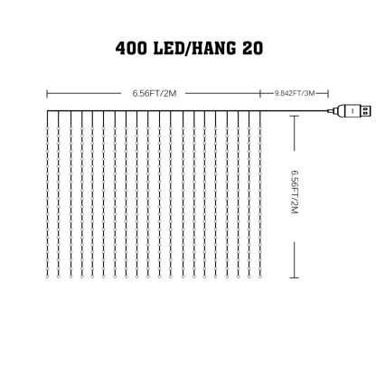Kurtyna LED RGB WIZARD 400xLED/USB 2x2m z możliwością ściemniania + zdalne sterowanie