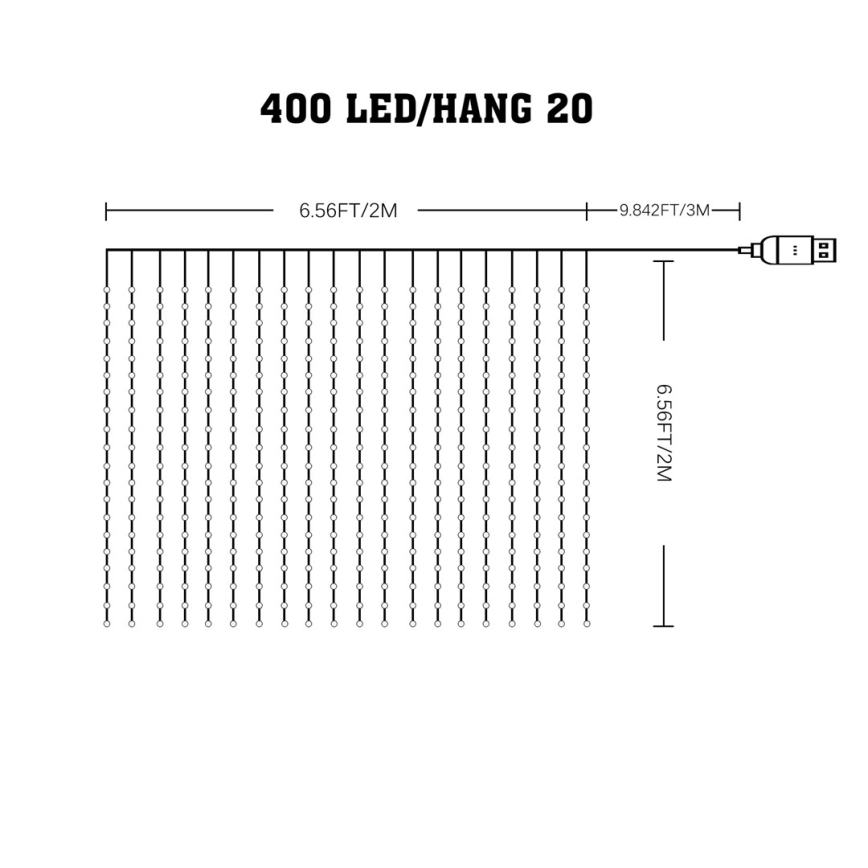 Kurtyna LED RGB WIZARD 400xLED/USB 2x2m z możliwością ściemniania + zdalne sterowanie