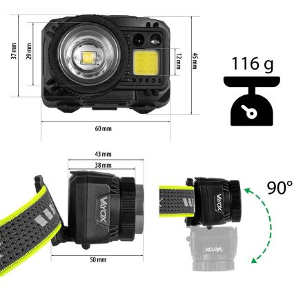 Ładowalna ściemnialna czołówka LED z czujnikiem i czerwonym światłem LED/6W/5V/3xAAA IP66 500 lm 1200 mAh