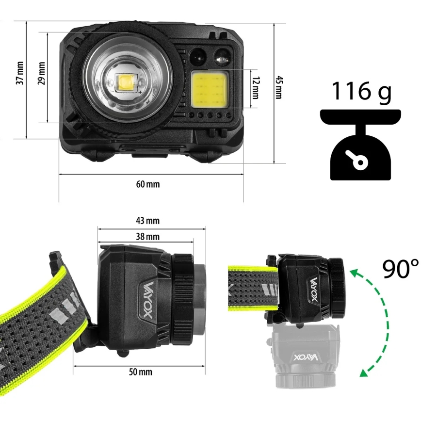 Ładowalna ściemnialna czołówka LED z czujnikiem i czerwonym światłem LED/6W/5V/3xAAA IP66 500 lm 1200 mAh