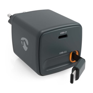 Ładowarka z chowanym kablem, Power Delivery 30 W, 2x USB-C, czarna