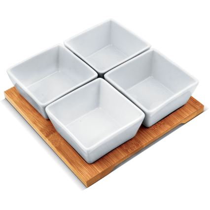 Lamart - Zestaw 4x miska porcelanowa 19x19 cm + taca drewniana