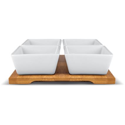 Lamart - Zestaw 4x miska porcelanowa 19x19 cm + taca drewniana