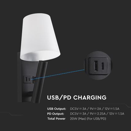 Lampa ścienna LED z portem USB LED/2W/230V 3000K czarny/biały