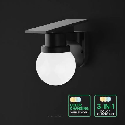 Solarná lampa naścienna LED/3,7V 3000/4000/6400K IP54 1800 mAh czarna + pilot zdalnego sterowania
