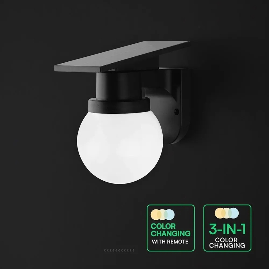 Solarná lampa naścienna LED/3,7V 3000/4000/6400K IP54 1800 mAh czarna + pilot zdalnego sterowania