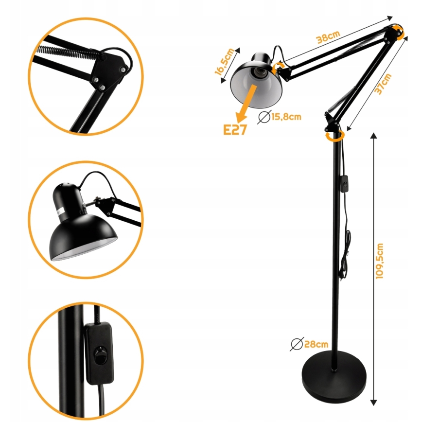 Lampa stojąca 1xE27/40W/230V czarna