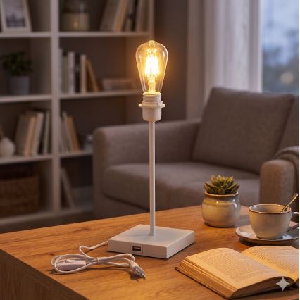 Lampa stołowa z portem USB 1xE27/15W/230V biała