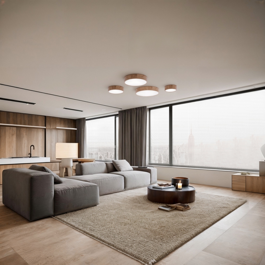 Lampa sufitowa z czujnikiem ruchu i zmierzchu CLEO 4xE27/24W/230V, średnica 47,5 cm, dąb