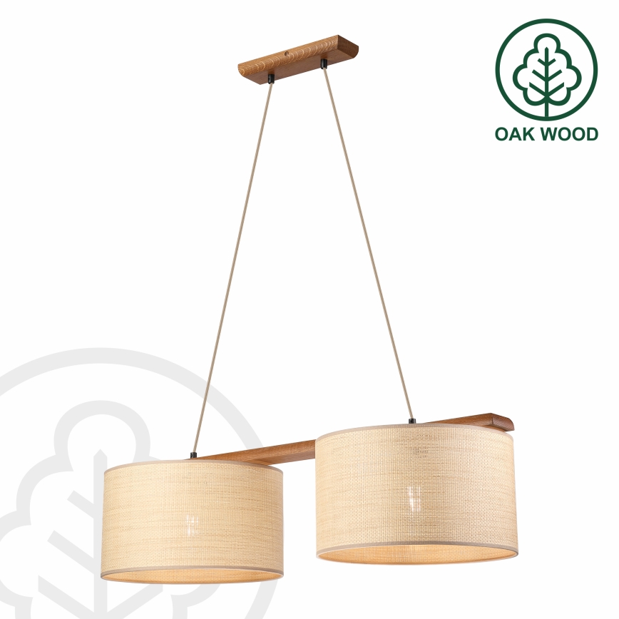 Lampa wisząca na lince AIDA 2xE27/15W/230V śr. 35 cm dąb/rafia