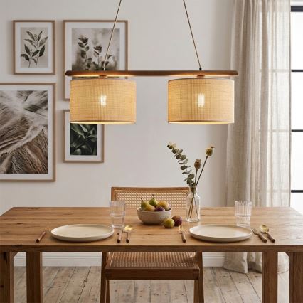 Lampa wisząca na lince AIDA 2xE27/15W/230V śr. 35 cm dąb/rafia