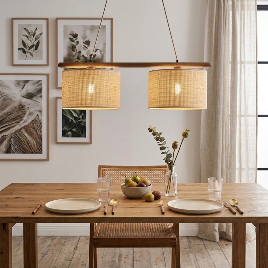 Lampa wisząca na lince AIDA 2xE27/15W/230V śr. 35 cm dąb/rafia