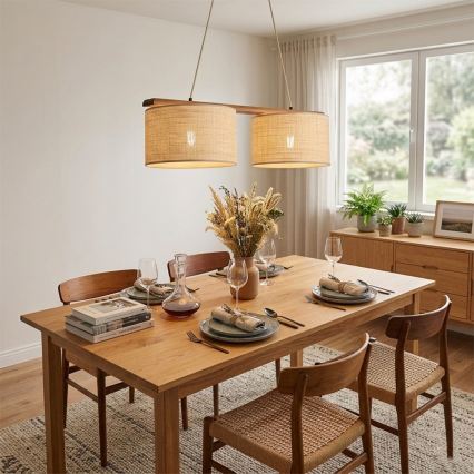 Lampa wisząca na lince AIDA 2xE27/15W/230V śr. 35 cm dąb/rafia