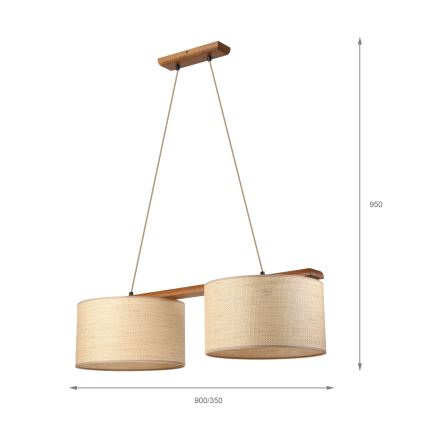 Lampa wisząca na lince AIDA 2xE27/15W/230V śr. 35 cm dąb/rafia