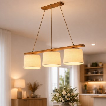 Lampa wisząca na lince AIDA 3xE27/15W/230V śr. 25 cm dąb/rafia