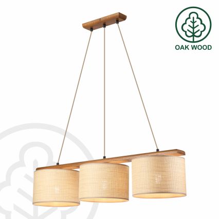 Lampa wisząca na lince AIDA 3xE27/15W/230V śr. 25 cm dąb/rafia