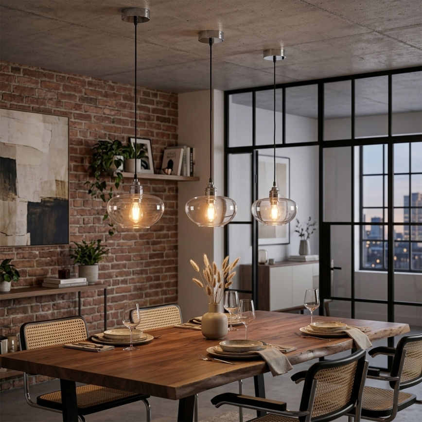 Lampa wisząca na lince FLO 1xE27/15W/230V chrom błyszczący/przezroczysta