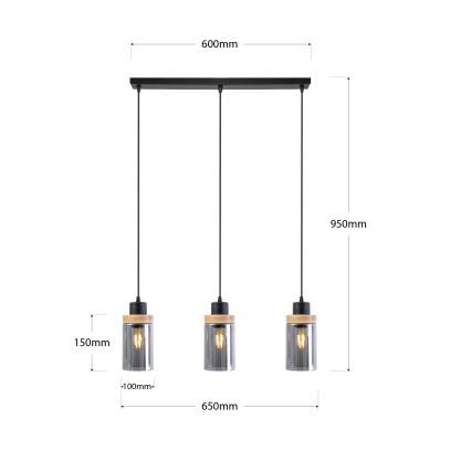 Lampa wisząca na lince WOODNEST 3xE27/15W/230V sosna/dymiona czerń