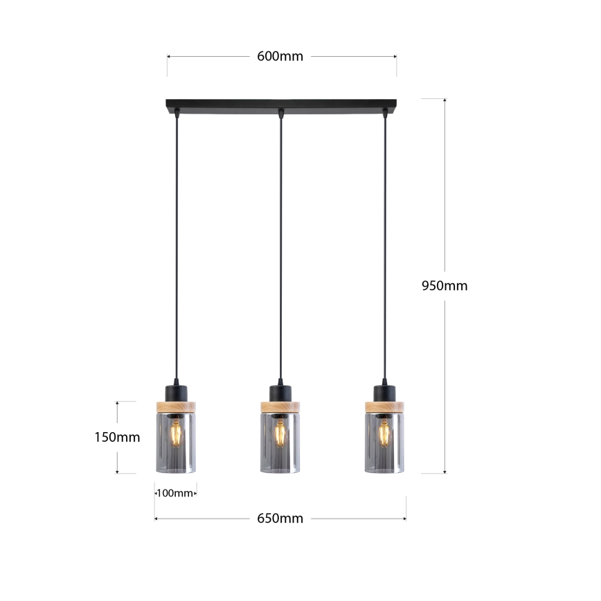 Lampa wisząca na lince WOODNEST 3xE27/15W/230V sosna/dymiona czerń