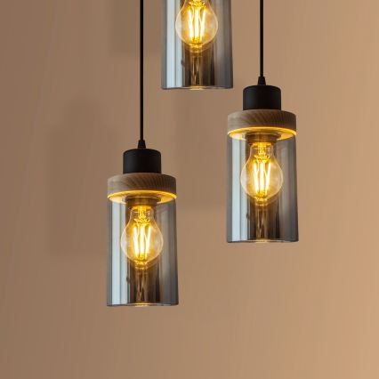 Lampa wisząca na lince WOODNEST 3xE27/15W/230V sosna/przydymiona czerń