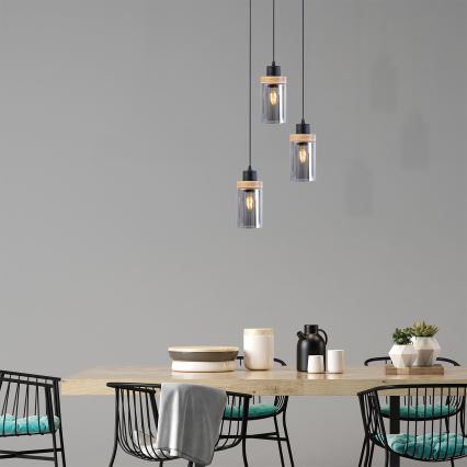 Lampa wisząca na lince WOODNEST 3xE27/15W/230V sosna/przydymiona czerń