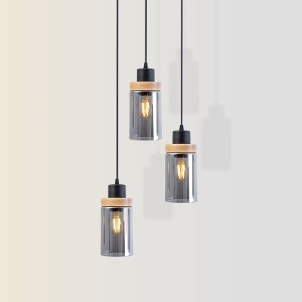 Lampa wisząca na lince WOODNEST 3xE27/15W/230V sosna/przydymiona czerń