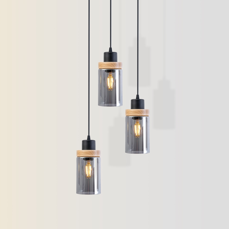 Lampa wisząca na lince WOODNEST 3xE27/15W/230V sosna/przydymiona czerń