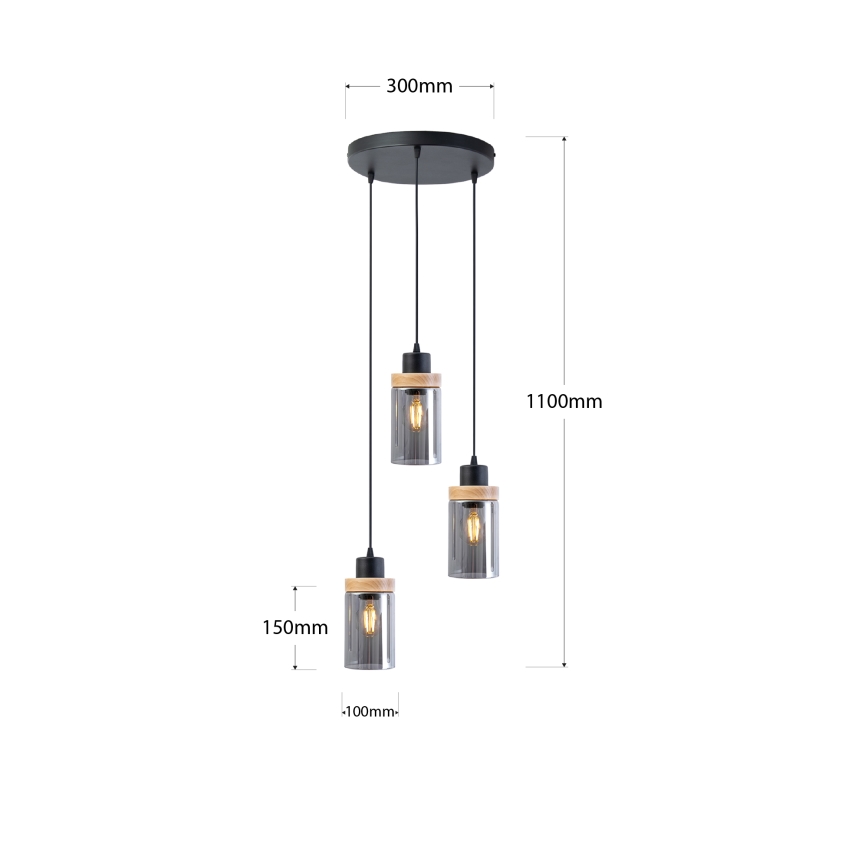 Lampa wisząca na lince WOODNEST 3xE27/15W/230V sosna/przydymiona czerń