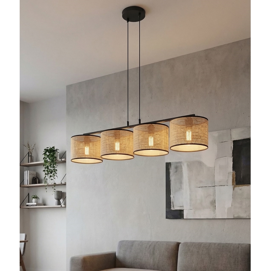 Lampa wisząca na linkach ECO 4xE27/15W/230V beżowa/rattan