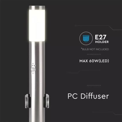 Lampa zewnętrzna z czujnikiem + 2 gniazdami SCHUKO 1xE27/60W/230V IP44 60cm matowy chrom
