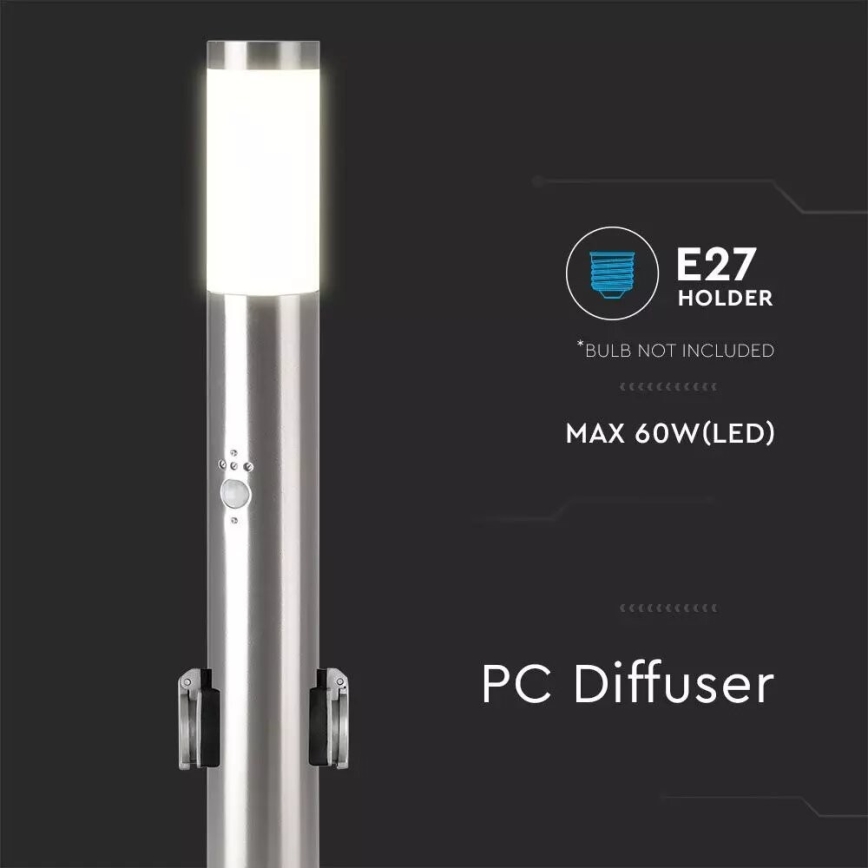 Lampa zewnętrzna z czujnikiem + 2 gniazdami SCHUKO 1xE27/60W/230V IP44 60cm matowy chrom