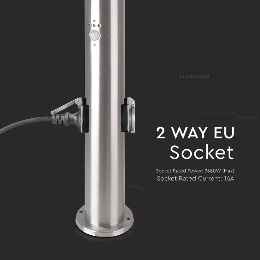 Lampa zewnętrzna z czujnikiem + 2 gniazdami SCHUKO 1xE27/60W/230V IP44 60cm matowy chrom