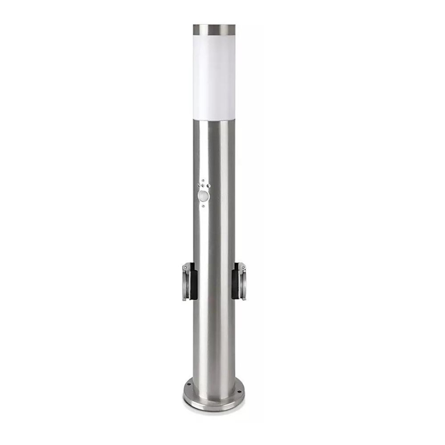 Lampa zewnętrzna z czujnikiem + 2 gniazdami SCHUKO 1xE27/60W/230V IP44 60cm matowy chrom