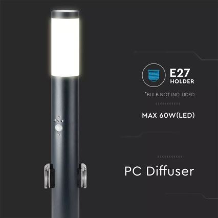 Lampa zewnętrzna z czujnikiem i 2 gniazdami SCHUKO 1xE27/60W/230V IP44 60cm antracyt