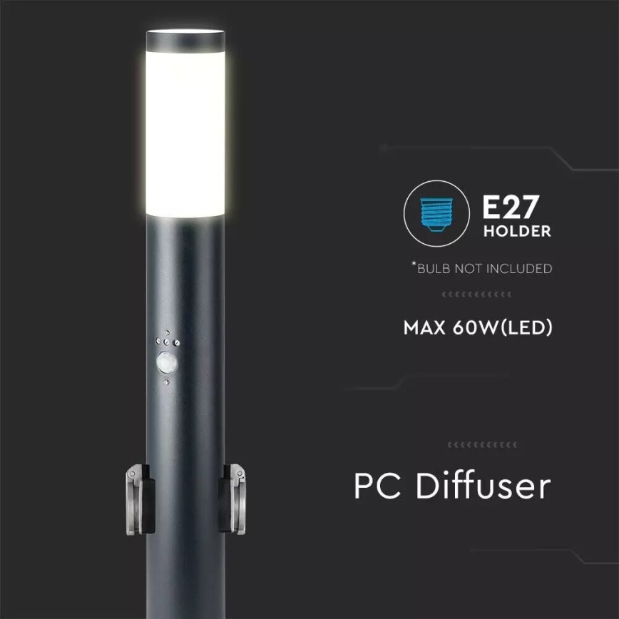 Lampa zewnętrzna z czujnikiem i 2 gniazdami SCHUKO 1xE27/60W/230V IP44 60cm antracyt