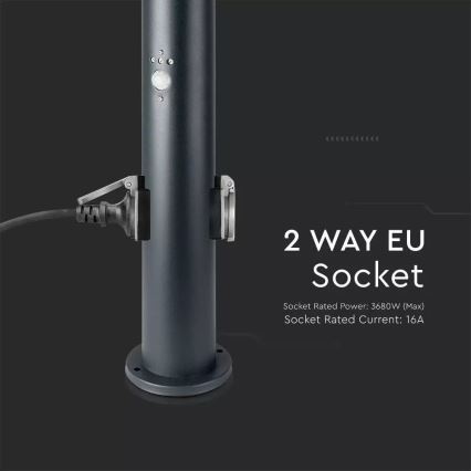 Lampa zewnętrzna z czujnikiem i 2 gniazdami SCHUKO 1xE27/60W/230V IP44 60cm antracyt